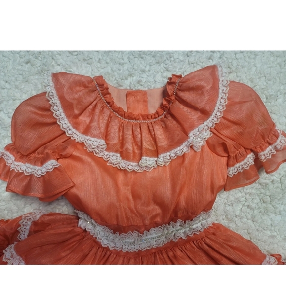 Vintage Girls Ruffle Party Dress Size 5 Orange Full Circle Lace Three Tiers - Picture 3 of 5